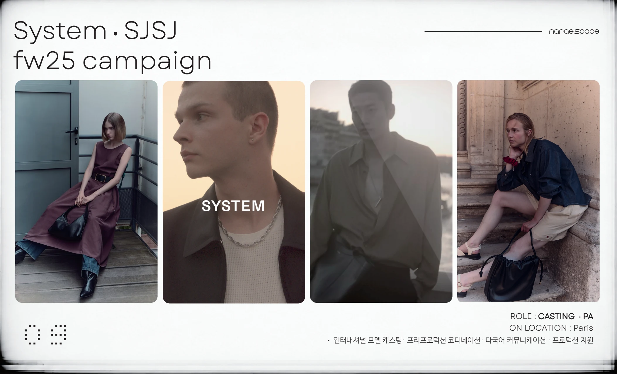 System · SJSJ — FW25 campaign. Role: Casting · PA. On location: Paris.